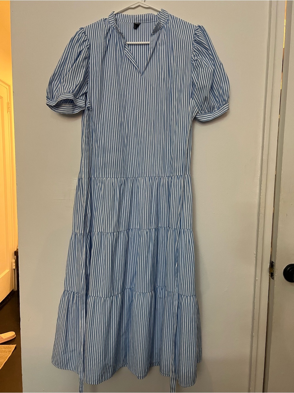 SHEIN Blue & White Striped Puff-Sleeve Tiered Midi Dress
